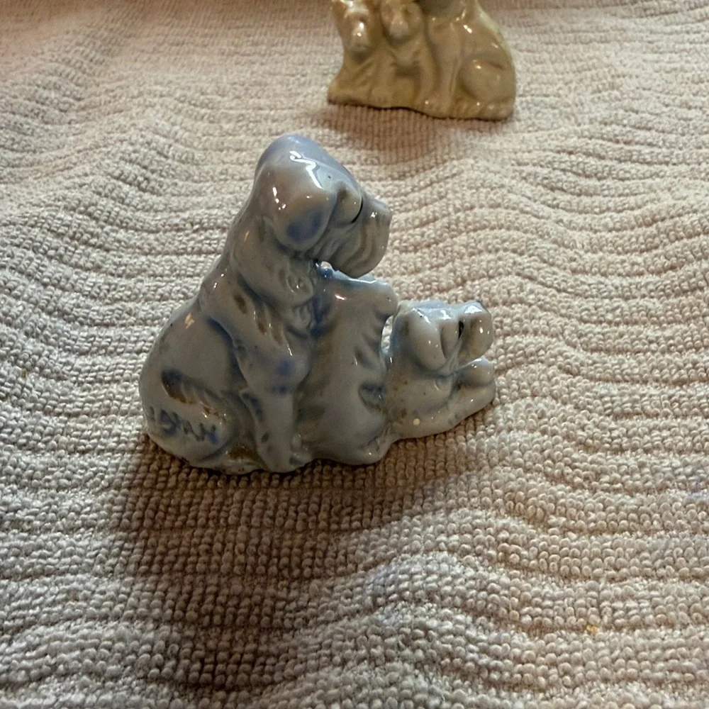 Vintage porcelain Dog Figurine Sets - Cream and Blue. Made in Japan